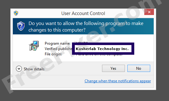 Screenshot where Kasherlab Technology Inc. appears as the verified publisher in the UAC dialog
